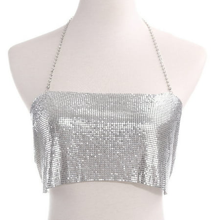 Silver Sparkly Party Body Chain Bra Jewelry Adjustable Backless Party Body Jewelry for Women and Girls
