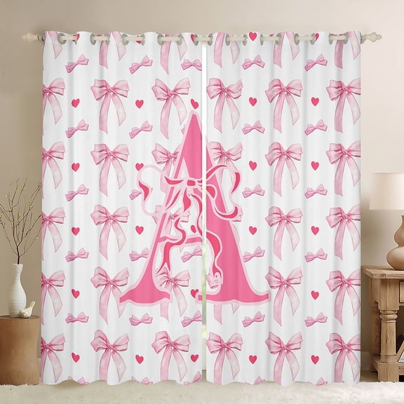 Homewish Letter A Monogrammed Black Out Curtains,Cute Bow Tie Curtains Pack of 2 (42x63 Each),Pink Loves Pattern Bedroom Curtains For Girls,Microfiber Room Decorative