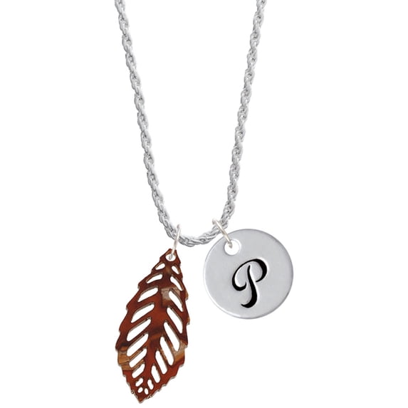 Delight Jewelry Acrylic Medium Leaf Pearly Brown Silvertone Script Initial Disc - P - Charm Necklace, 20"+3"