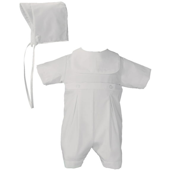 Little Things Mean A Lot Boys Poly Cotton Romper with Screened Cross on Attached Bib