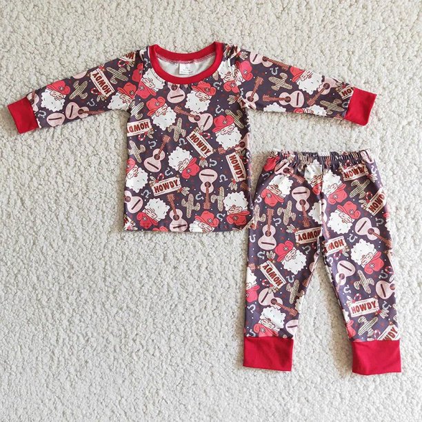 Venta al por mayor de pijamas de árbol de pastel de Feliz Navidad para niños, conjunto de manga larga azul para bebés, pantalones para niños, ropa de dormir para niños pequeños, ropa de dormir