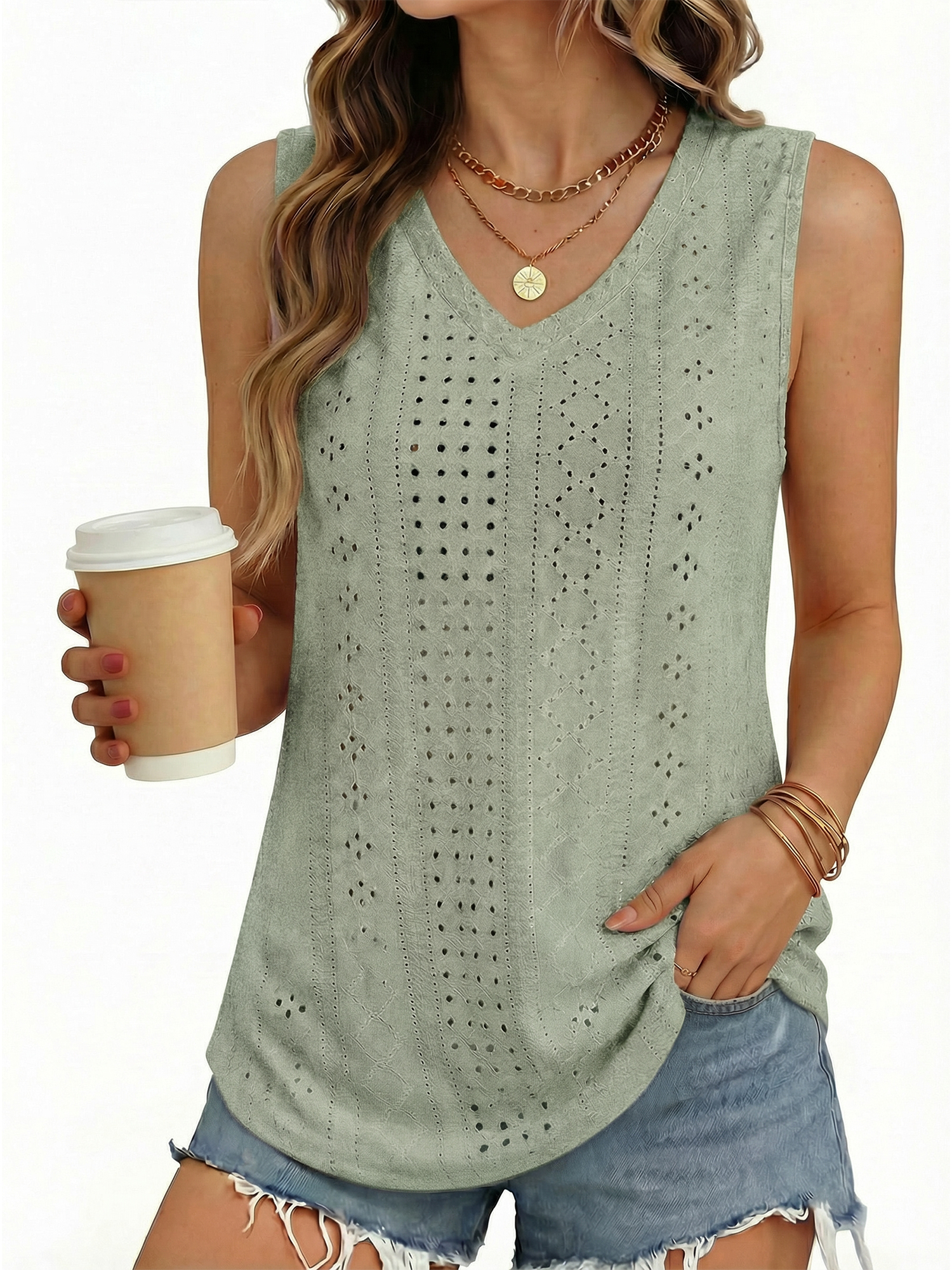 MOYIKO Tank Tops for Women Eyelet V Neck Trendy Sleeveless Tops Dressy Casual Flowy Summer Shirts Loose Fit