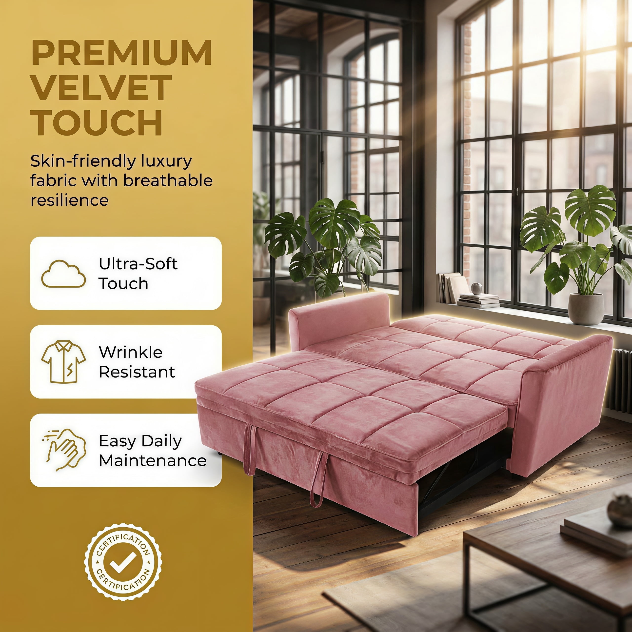54" Convertible Sleeper Sofa Bed, Modern Velvet 3-in-1 Pull Out Loveseat Couch with 5-Position Backrest & Side Storage Pocket for Living Room, Pink