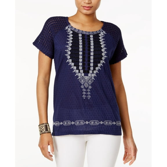Lucky Brand Embroidered Knit Contrast Top Blue Multi S
