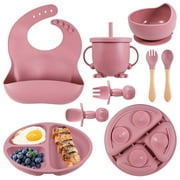 HEQUSIGNS Silicone Baby Feeding Set, 8 Piece Baby Led Weaning Utensils Set, Baby Plates and Bowl Set, Baby Spoon and Fork, Sippy Cup with Straw, Baby Feeding Supplies Set