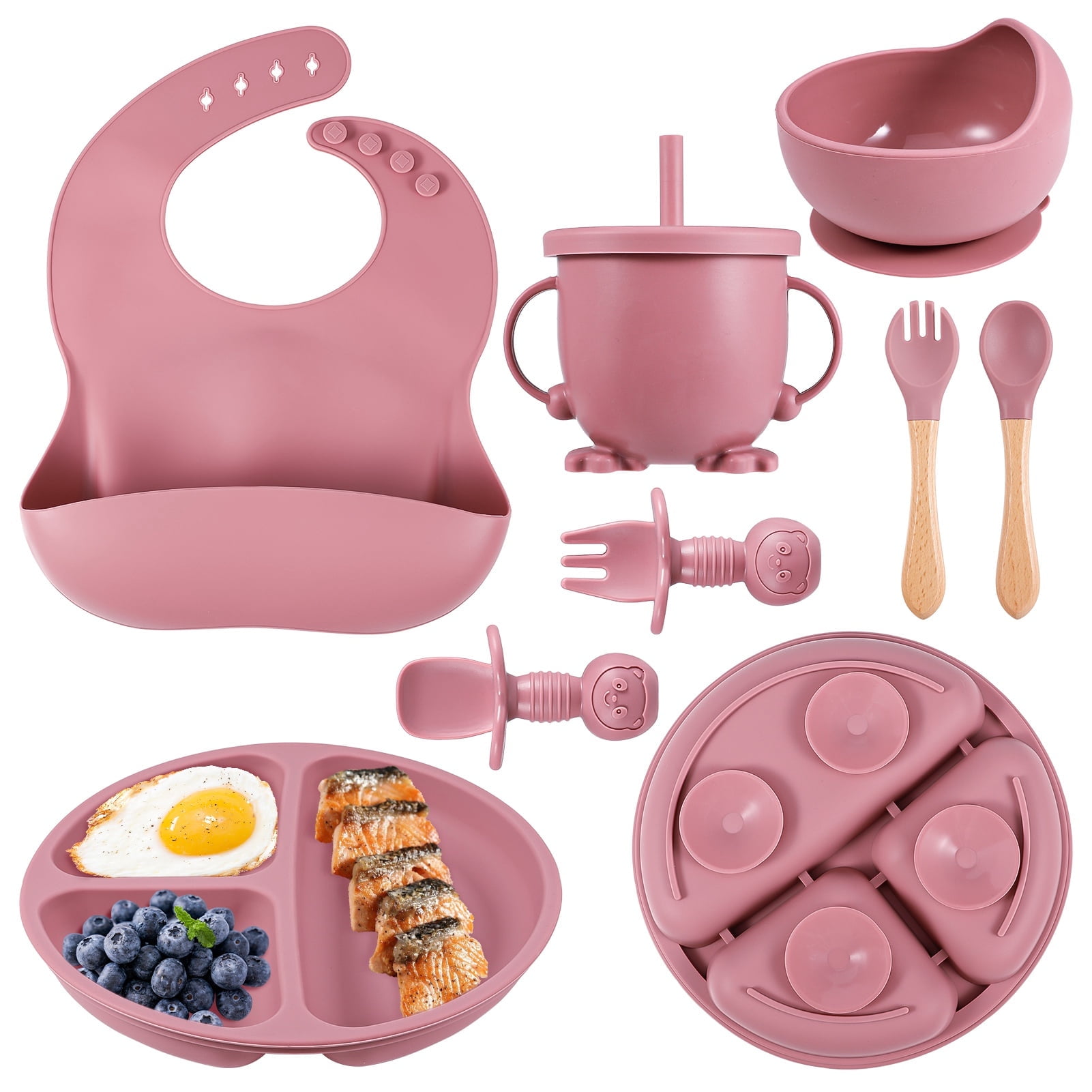 Silicone Baby Feeding Set, 8 Piece Baby Led Weaning Utensils Set, Baby Plates and Bowl Set, Baby Spoon and Fork, Sippy Cup with Straw, Baby Feeding Supplies Set
