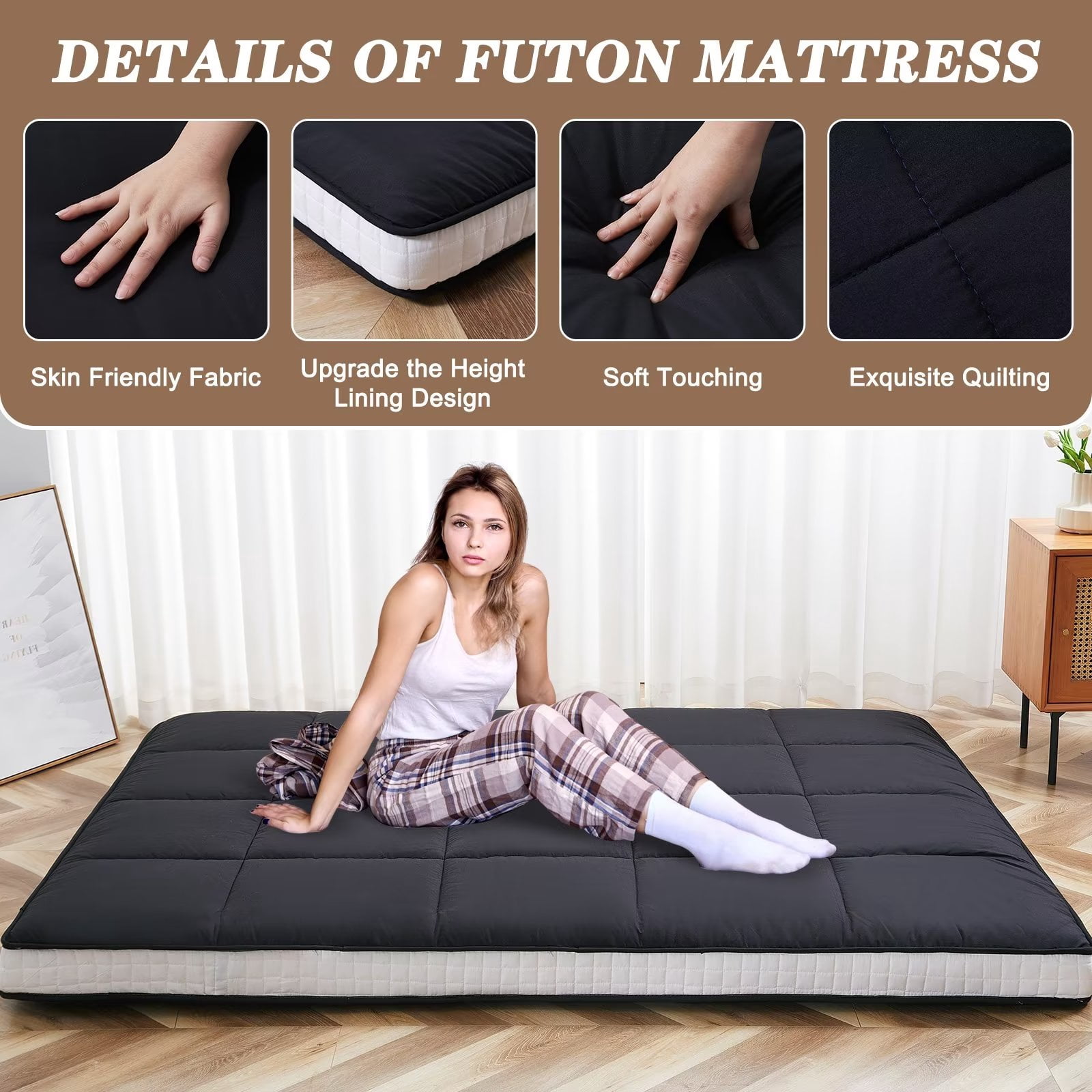MOPHOTO Black Floor Mattress with Storage Bag Japanese Futon Mattress Extra Thick Folding Sleeping Pad Futon Mattress Portable Camping Mattress, Full