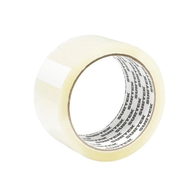 cinta transparente hot melt para empaque 2 x 50m surtek 138 surtek 138022 rollo con núcleo de cartón impreso Surtek, vista frontal en 3/4 de un rollo translúcido con tono amarillento, superficie lisa y brillante, indicado 2 x 50 m, ideal para sellar cajas en oficina y embalaje; suele usarse también para cierres temporales en mudanzas.