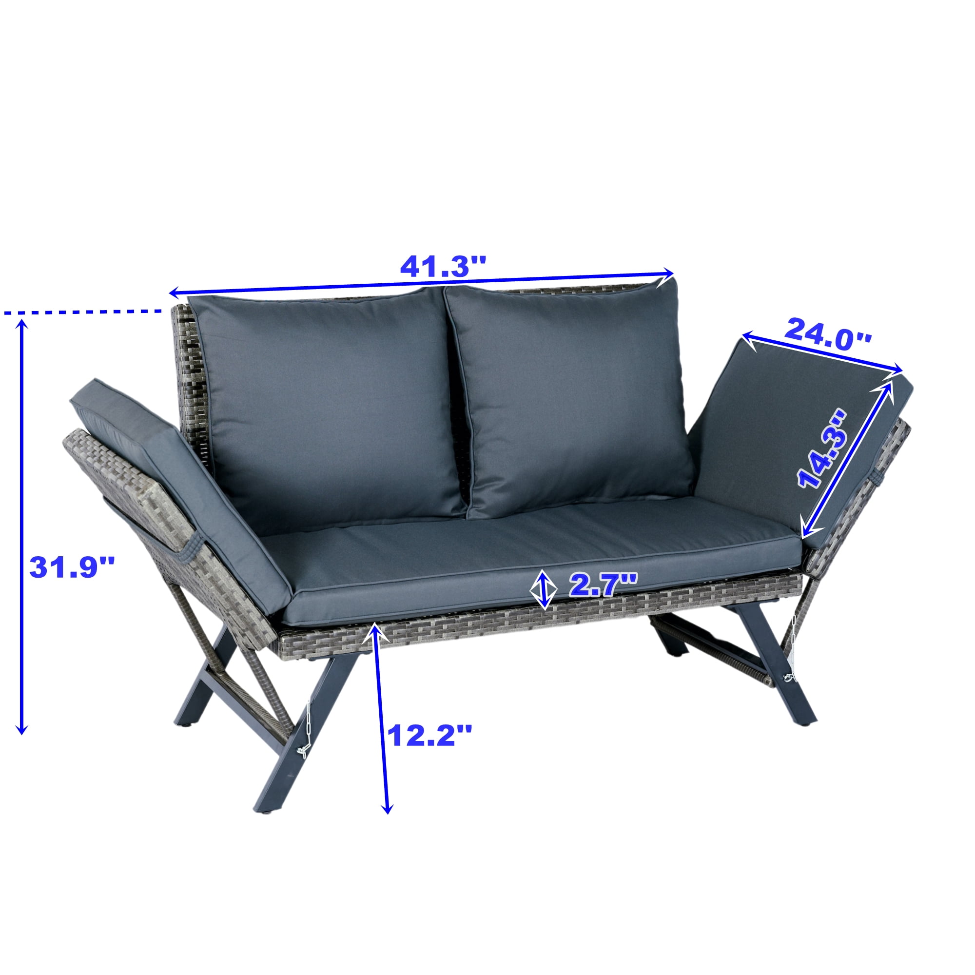 Outdoor Wicker Side Bench with Foldable Armrest and Dark Grey Cushion, Patio Conversation Bench for Garden and Backyard, Grey Wicker