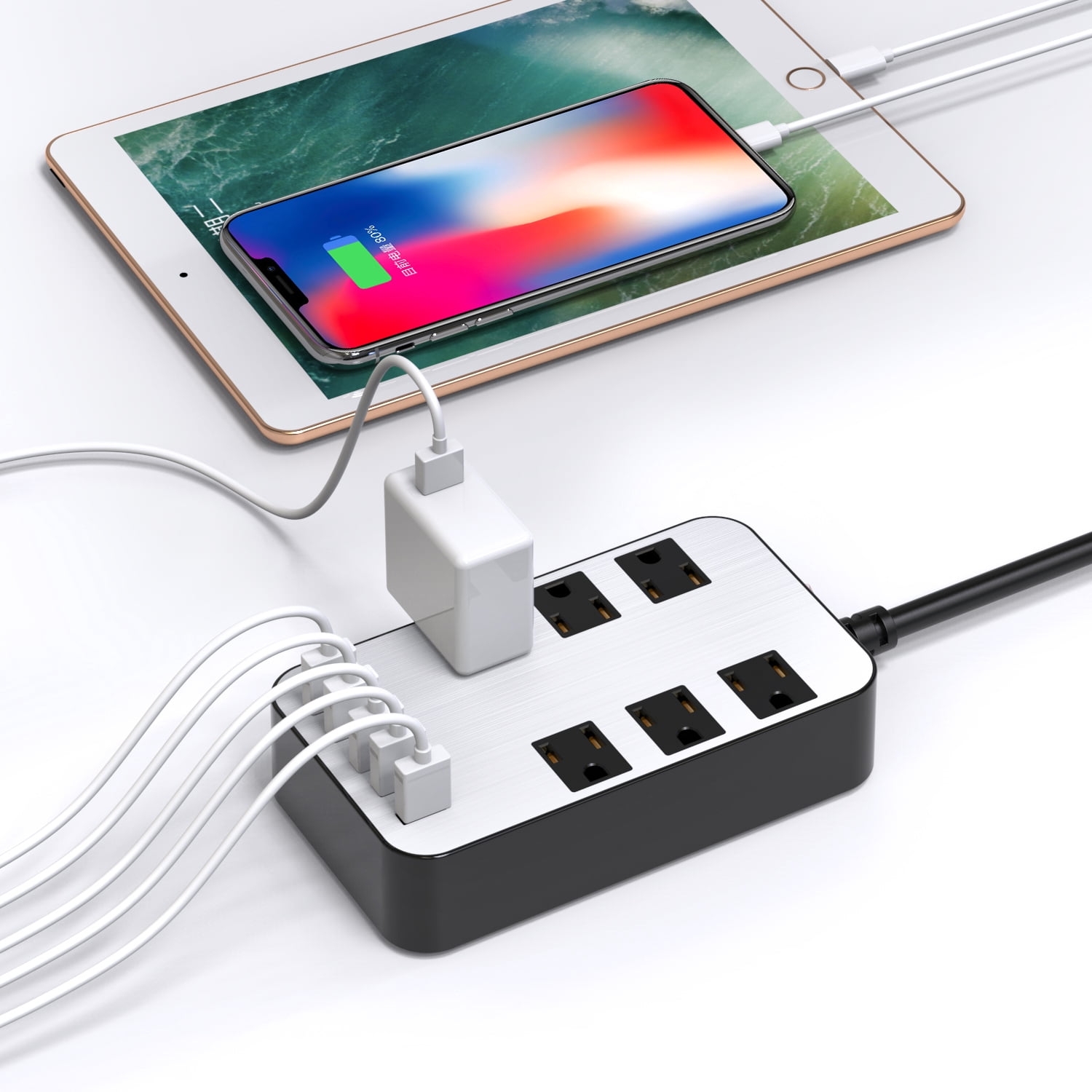 Surge Protector - Power Strip with 5 USB Ports, 6.7 Ft Long Extension 6 AC outlets USB Charging Station Adjustable Voltage 110-240V For iphone Samsung iPad Home Office