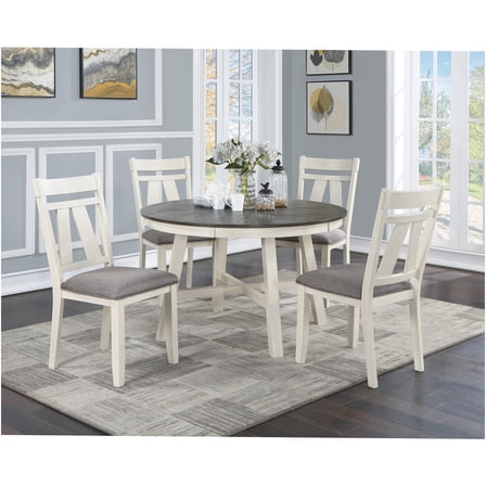 JERFIT 5-Piece Modern Farmhouse Dining Set with Round Table & Upholstered Chairs, Antique White and Gray