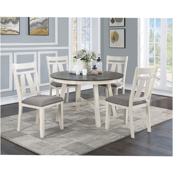 JERFIT 5-Piece Modern Farmhouse Dining Set with Round Table & Upholstered Chairs, Antique White and Gray
