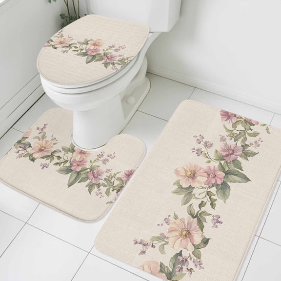 Spring Floral Bathroom Rugs Set Retro Pink Flower Watercolor Plant Linen Texture Non Slip Absorbent Soft Bath Mats 3 Piece Set with Bathroom Rug, U-Shaped Floor Mat, Toilet Seat Cover Large Size