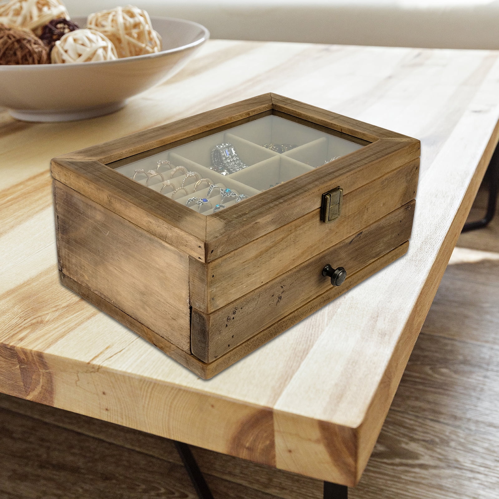 Excello Global Products Jewelry Box: Farmhouse Solid Wood Rustic Distressed Jewelry Organizer. Includes Glass Window and Storage Drawer. - EGP-HD-0404
