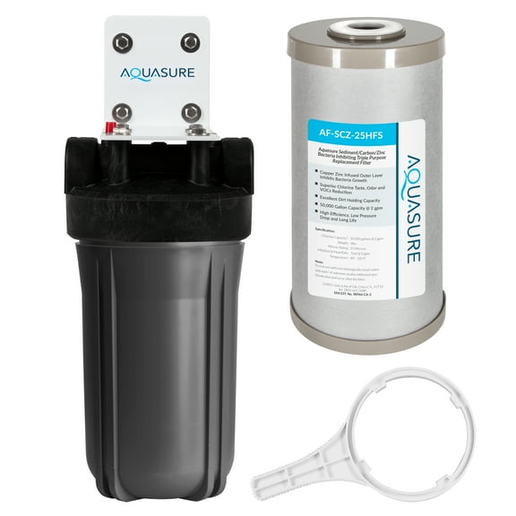 Aquasure Fortitude V2 Series Triple Purpose Sediment/Carbon/Zinc Bacteria Inhibiting Water Treatment Filter System, Small Size (AS-FS-25SCZ)