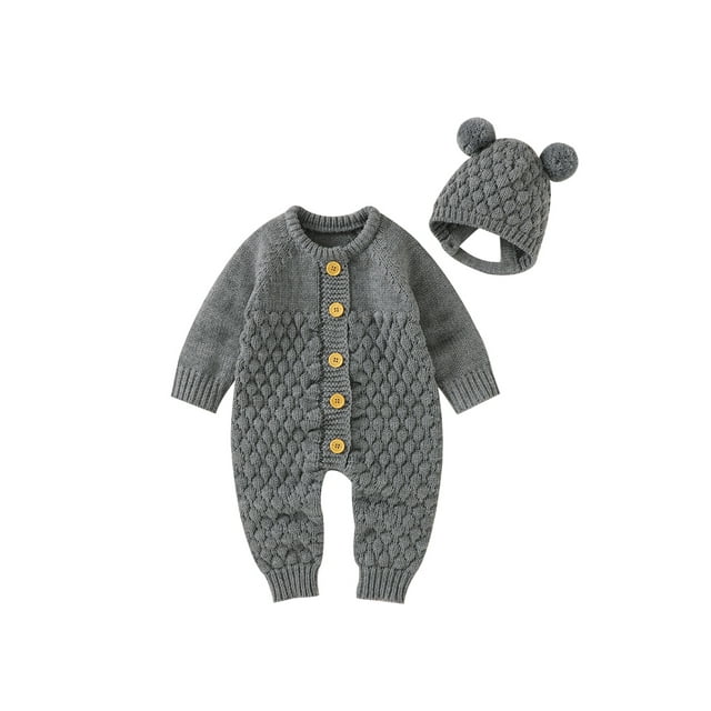 ZAXARRA Infant Baby 2PCS Winter Outfits, Long Sleeve Solid Color Knitted Romper + Bear Hat Set