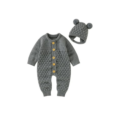 

Baby 2PCS Winter Outfits Long Sleeve Knitted Romper + Bear Hat Set