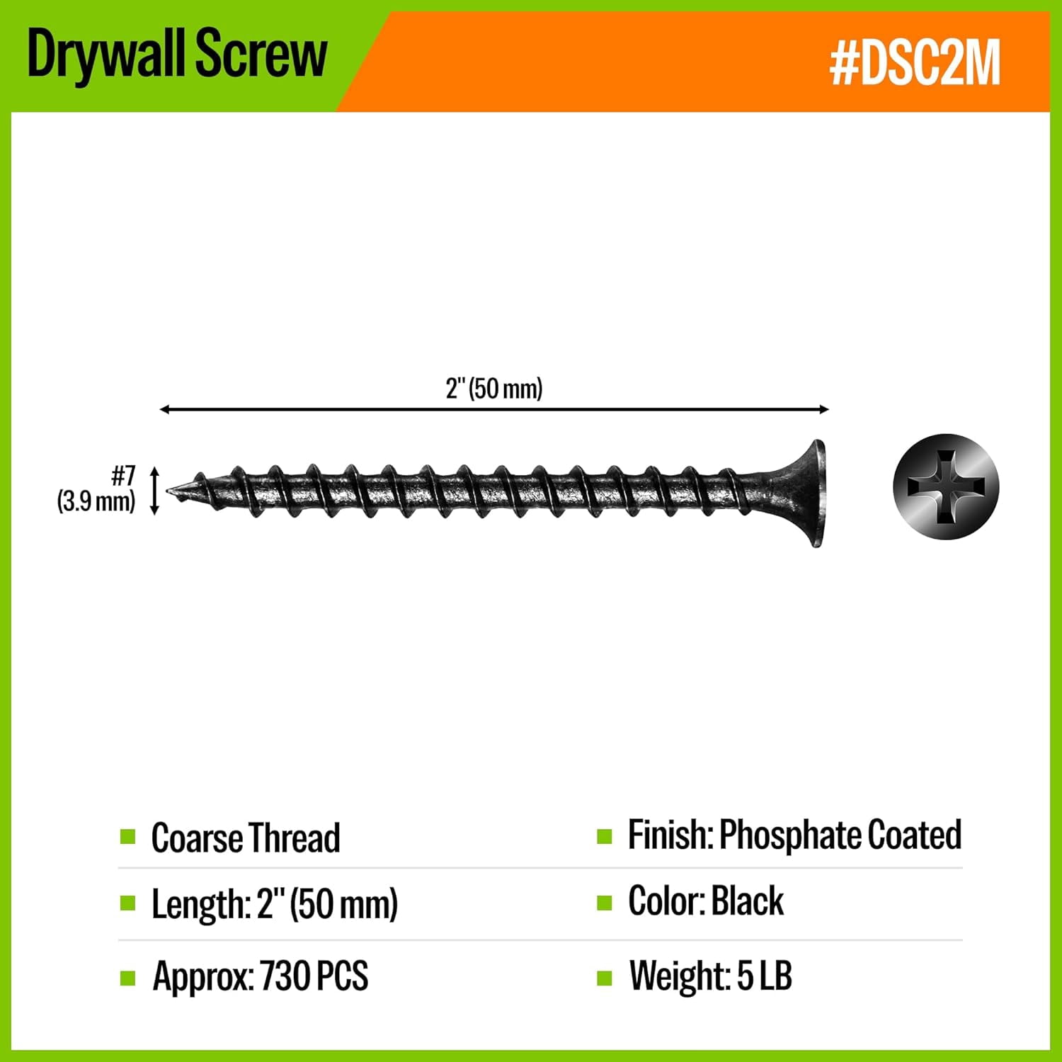 MEITE Drywall Screws, #7 x 2" Coarse Thread Wood Screws for Drywall, Wood and Furniture (5 LBS)
