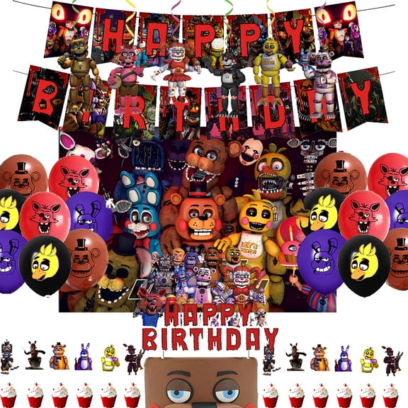 Five Nights Birthday Party Supplies Pack Includes Banner Hanging Swirls, Cake Topper Blackdrop,Balloons for Five Nights party decoration