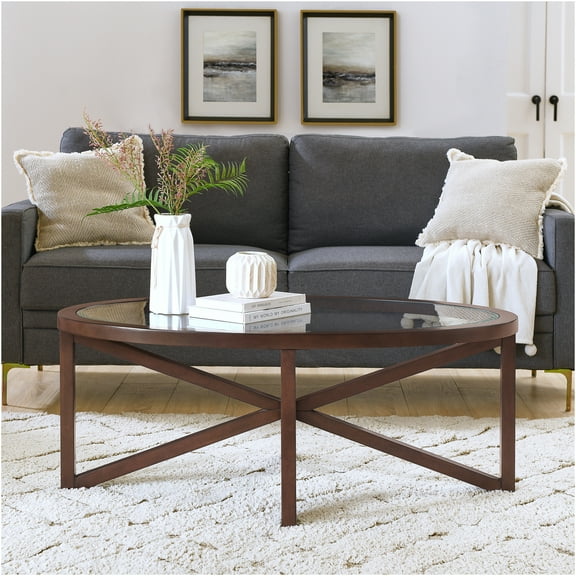 JERFIT Modern Round Glass Coffee Table with Solid Cherry Wood Base, Tempered Top for Living Room, Study