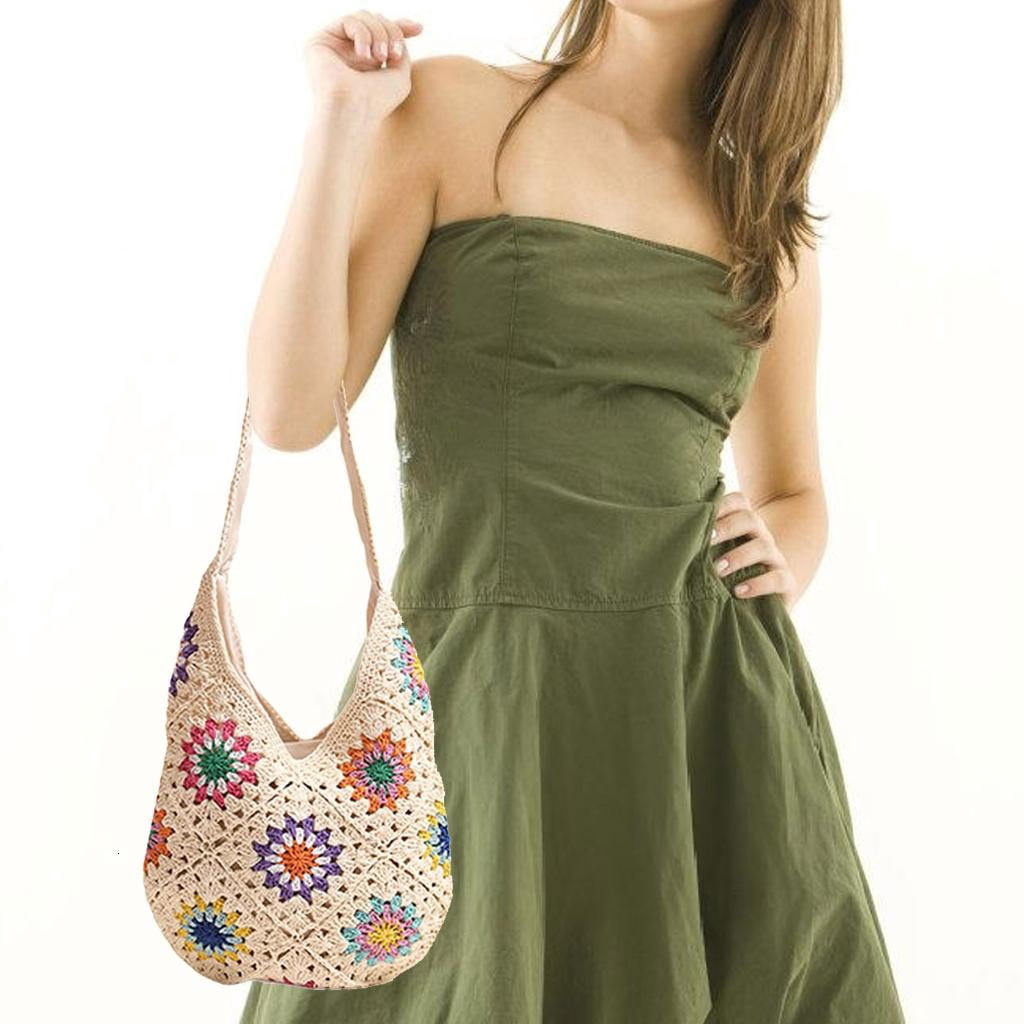 Giaone Women Handbag Knitted Shoulder Bag Crochet Beach Bag Flowers Crossbody Bag