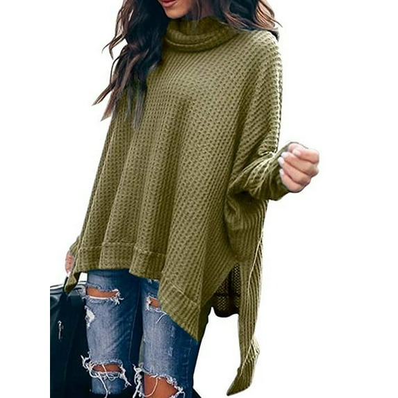 Women Turtle Cowl Neck Long Batwing Sleeve Waffle Knit Pullover Sweaters Oversized Loose Fit High Low Tunic Tops
