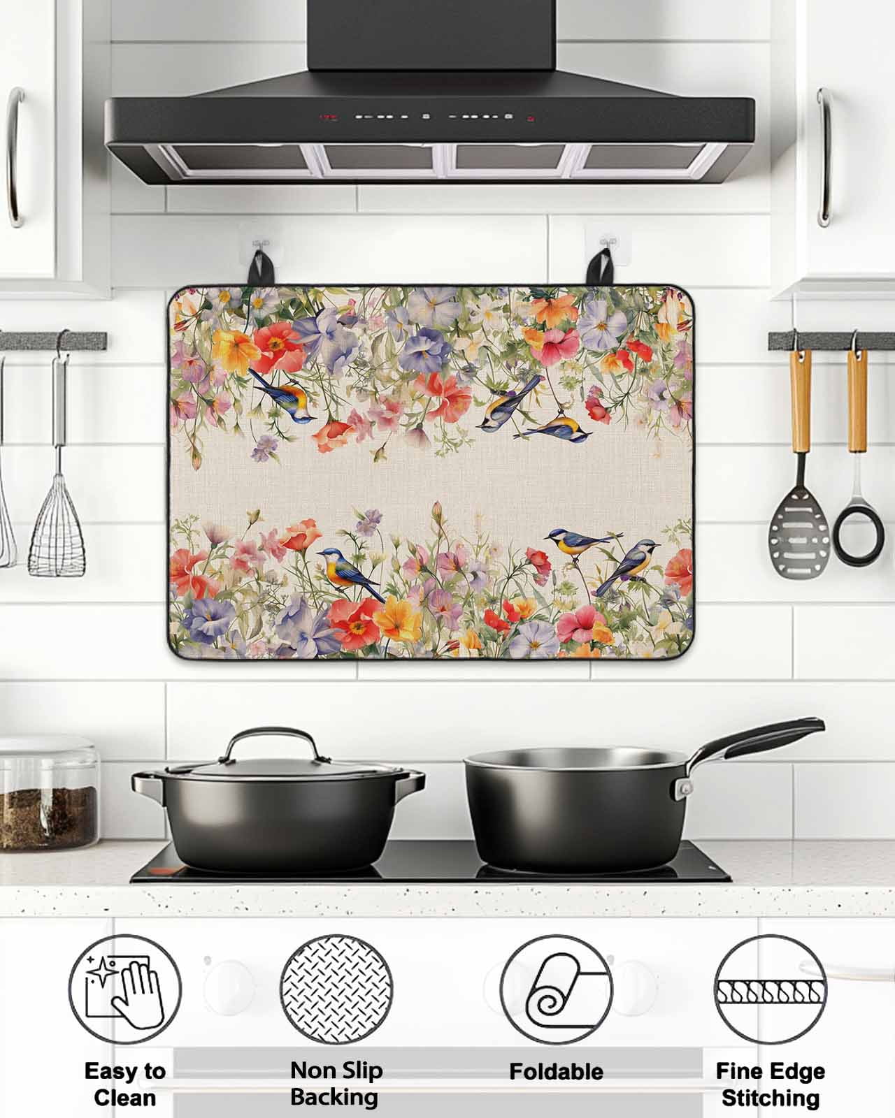 Stove Top Covers for Electric Stove, Vintage Flowers Glass Stovetop Cover Protector, Spring Floral Botanical Rustic Pastoral Induction Cooktop Protector Oven Mat for Kitchen Countertop 24"x21"