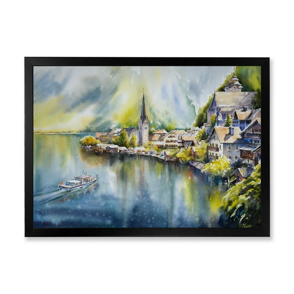 Designart 'The River In Austria Through Mountain Village' Nautical & Coastal Framed Art Print