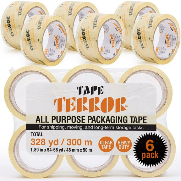 Tape Terror All Purpose Packing Tape 6 Pack, 1.8 Mil, 1.89" x 54 yd, Crystal Clear Tape White Roll