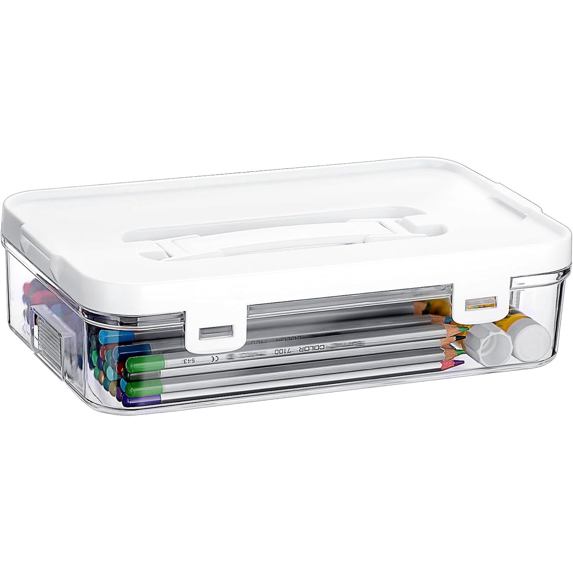 Clear Plastic Storage Container with Lid & Handle Multipurpose Craft Organizers and Storage Box Easy Carry & Stack Flat Storage Box for Pencils Markers Crayons Sticky Notes 1 Pack