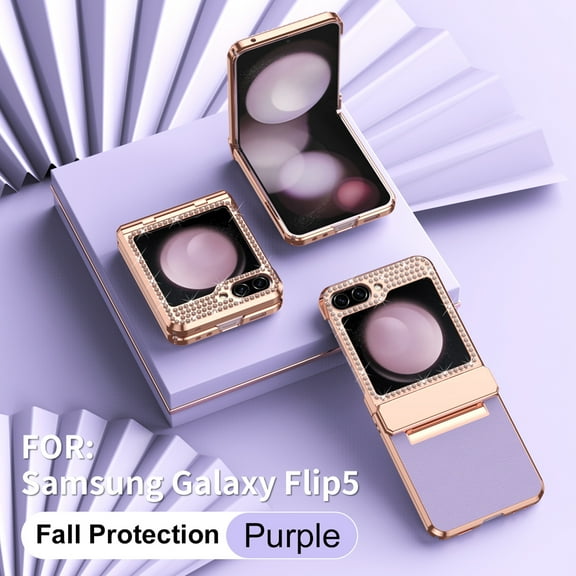 Case for Samsung Galaxy Z Flip 6 PU Leather Electroplated Case, Hinge Protection Glitter Rhinestone Lens Protection Rugged Shockproof Slim Folding Cover for Samsung Galaxy Z Flip 6,Purple