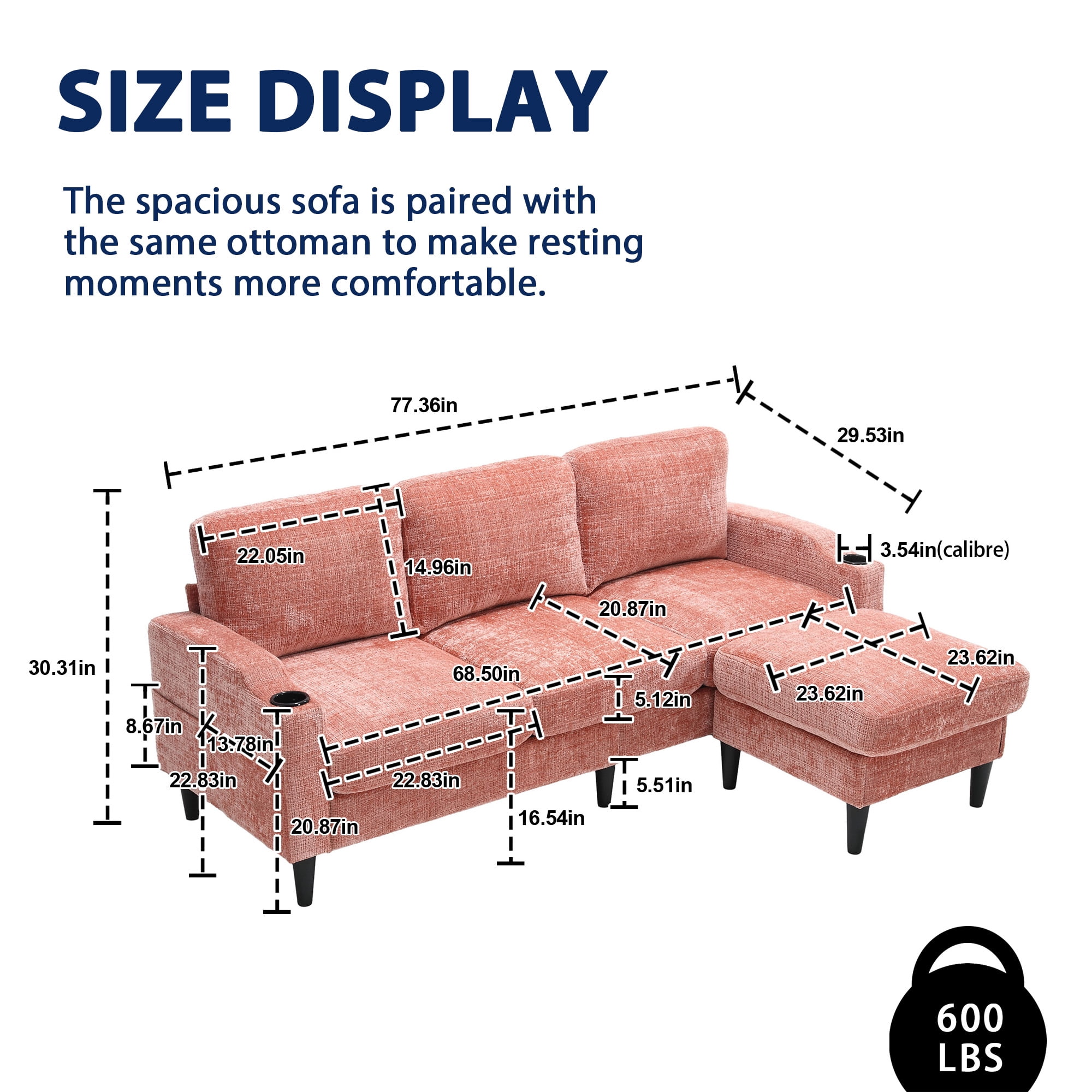 MOONMISS Chenille Upholstered L-Shaped Living Room Sofa with Storage Ottoman-Pink