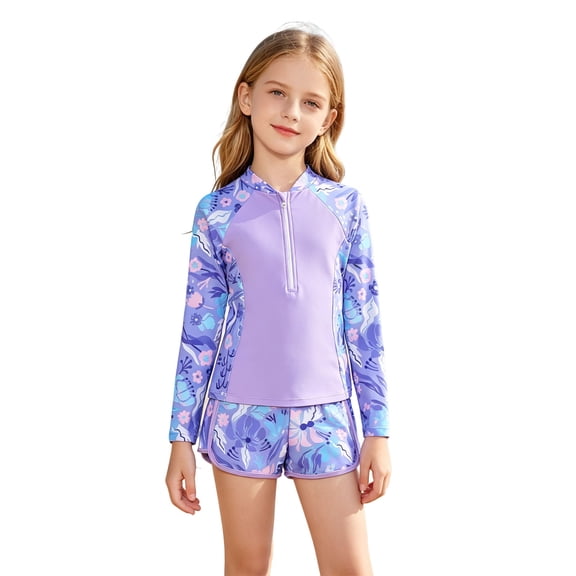 Tfken Swimsuit Set Outfits For Teen Girls Summer Swim Beach 2 Piece Long Sleeve Zipper Onesie With Swimming Trunks Set Swimwear Chlid Breathable Bathing Suits Size 7-8 Years Purple