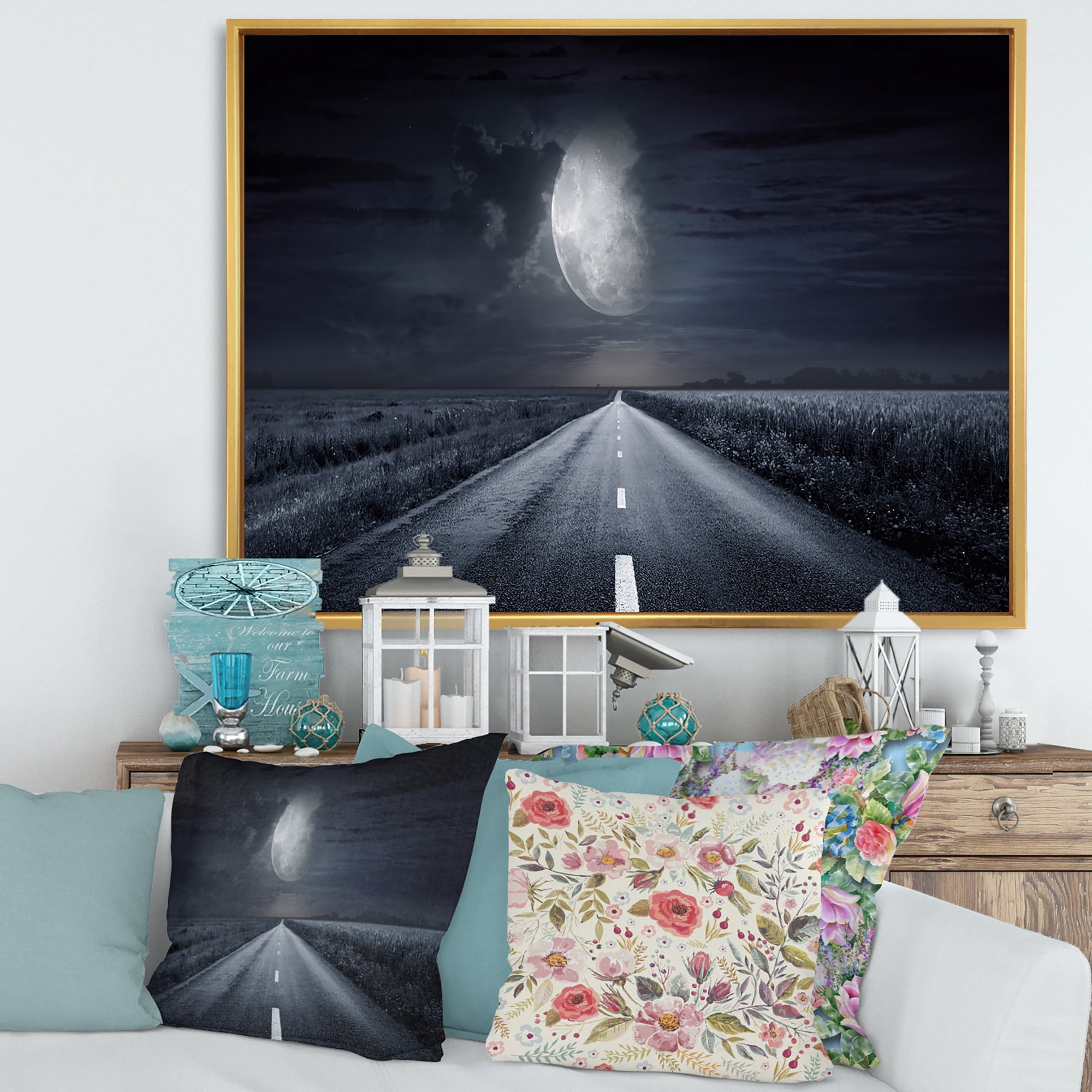 Designart 'Cloudy Full Moon Over Asphalt Road III' Nautical & Coastal Framed Canvas Wall Art Print