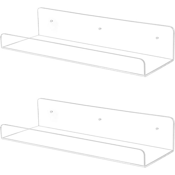 15"Acrylic Floating Wall Ledge Shelf,2 Pack Wall-Mounted Acrylic Shelves,Display Shelf Organizer for Bathroom,Bedroom,Living Room,Kitchen,Room Decor,Clear