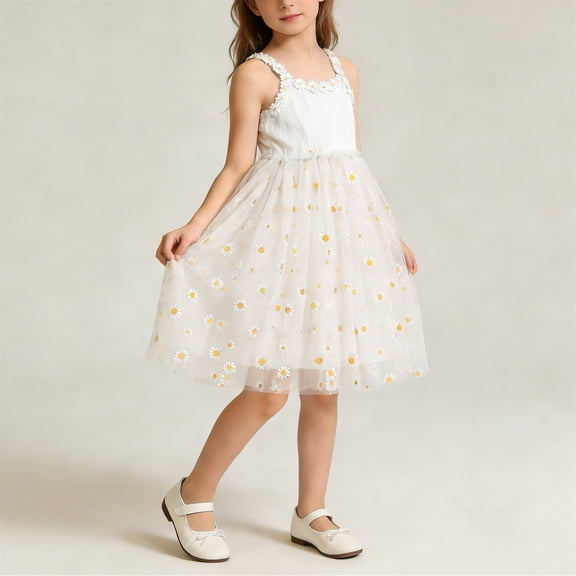 hengsof Daisy Print Mesh Dress for Toddlers Stylish Sleeveless Suspender Summer Dress Suitable for Children Aged 1-10