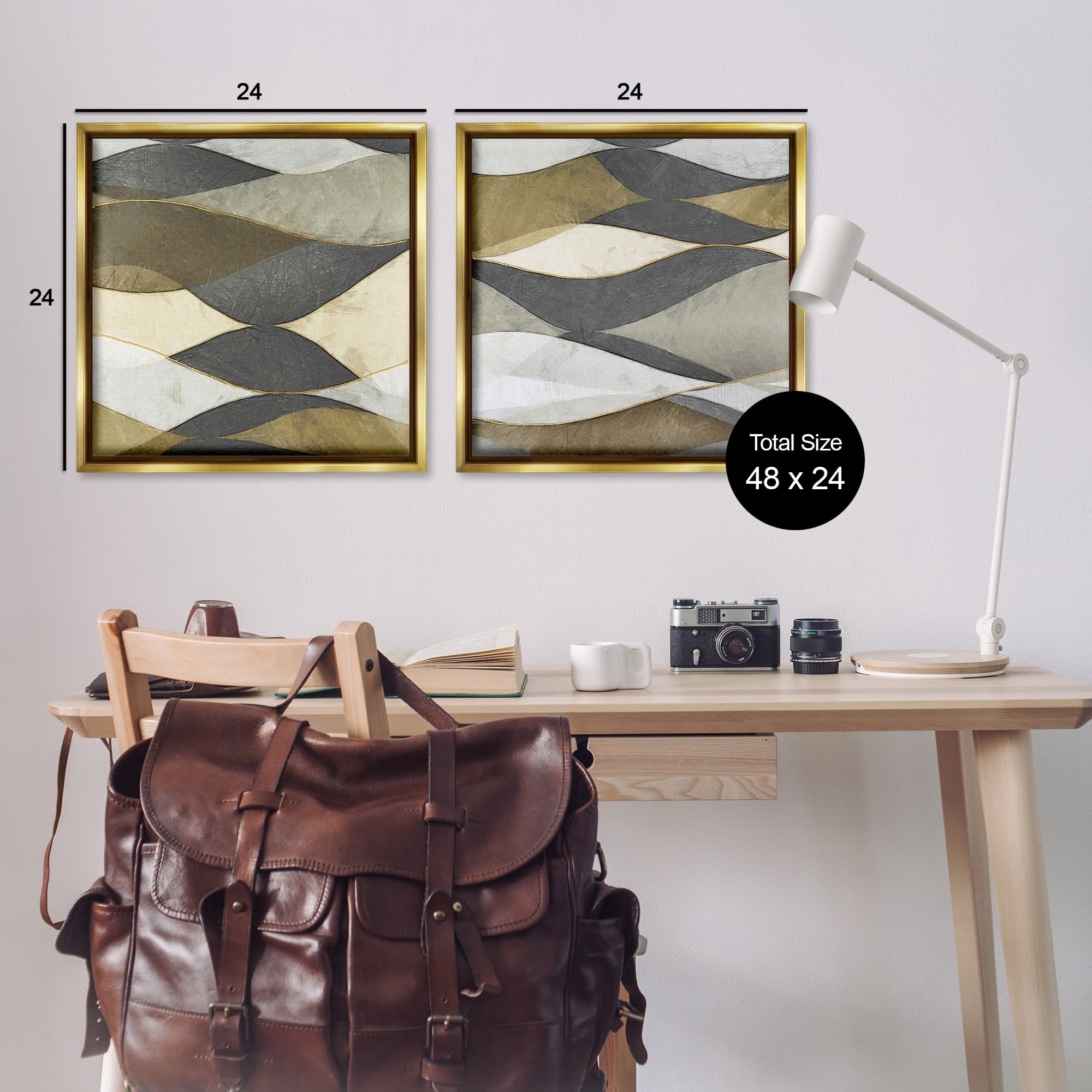 Stupell Industries Contemporary Layered Waves Abstract Painting Gold Floater Framed Canvas Art Print Wall Art, 25 x 25, Set of 2