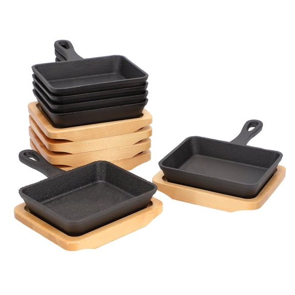 MegaChef 6 Piece Mini Cast Iron Square Pan with Wood Tray