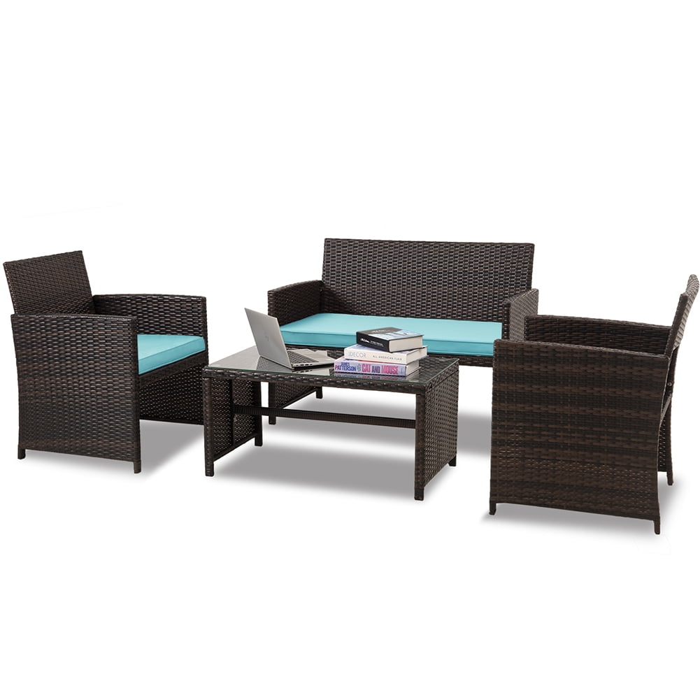 Kadyn 4 Pieces Outdoor Wicker Furniture Sets, Patio Conversation Sets with Soft Cushions Loveseat, 2 Soft Cushions Single Chairs and Coffee Table, PE Rattan Conversation Set for Courtyard, Teal Kadyn 4 Pieces Outdoor Wicker Furniture Sets, Patio Conversation Sets with Soft Cushions Loveseat, 2 Soft Cushions Single Chairs and Coffee Table, PE Rattan Conversation Set for Courtyard, Teal