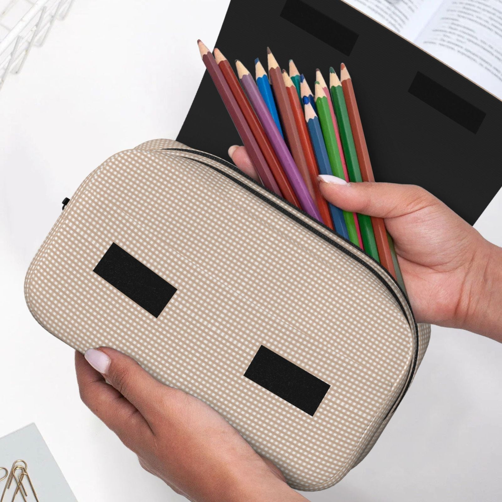 Rateoe Brown Gingham Pattern Double Clamshell Pen Case, Storage Organizer with Two Zipper Compartments– Holds Up to 50 Pencils & Pens