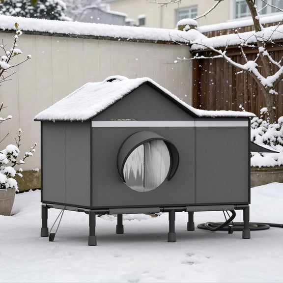 Ciokea Heated Outdoor cat House for Outside, Weatherproof Insulated Feral Cat Shelter with Timer-Temp Control Heating Pad in Winter, Large Elevated Outdoor Cat House with Zipper, 2 Doors, Gray