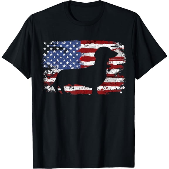 Dachshund Weiner Vintage American Flag T-Shirt men and women can wear, black, white, gifts