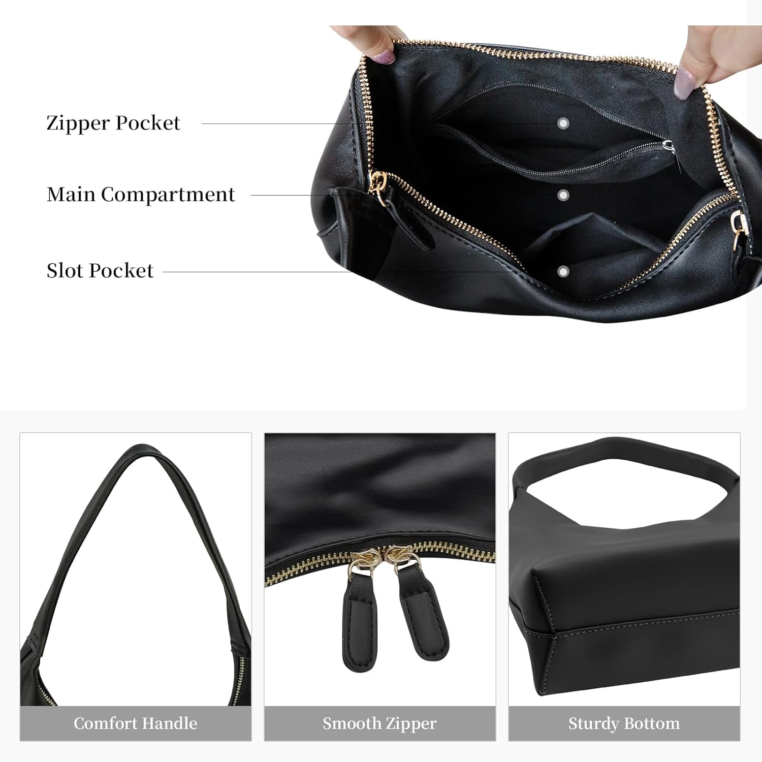 Kwuty Leather Hobo Bag Small Shoulder Purses for Women Slouchy Tote Handbag Vegan Leather Crescent Bag