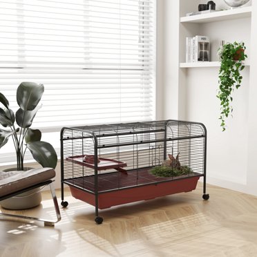 PawHut 41L Small Animal Cage | Rabbit Hutch With Wheels, Ramp & Feeder | 48x23x29 Inches