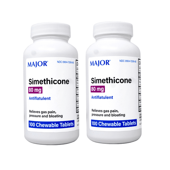 2 Pack - Major Simethicone Gas Relief 80 mg - Anti Flatulence, Bloating and Gas Pressure Aid - 100 Chewable Tablets