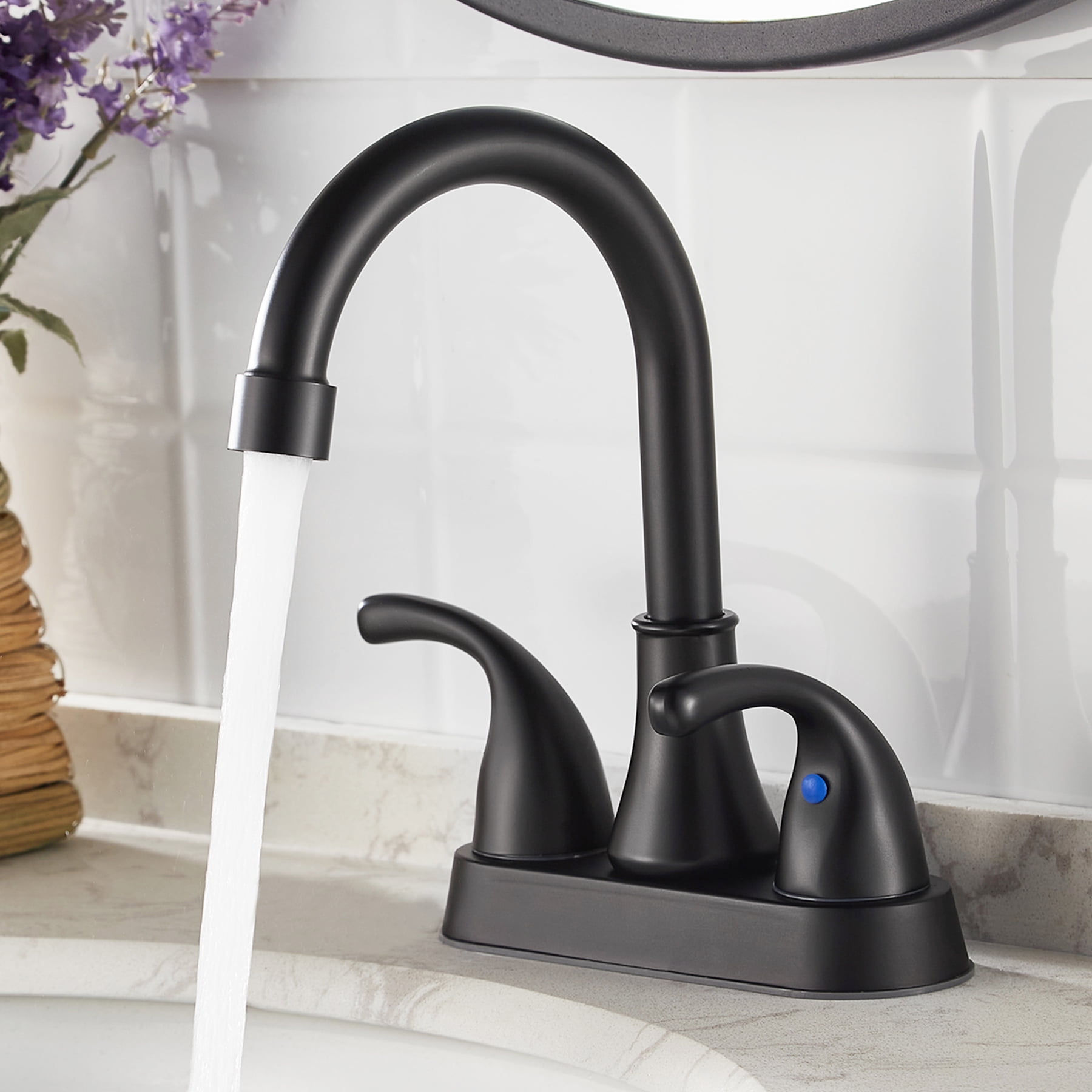 Kede 4 Inch Faucet 2 Handle Bathroom Sink Faucet Lead-Free Matte Black Bath Sink Faucet with Pop-up Drain Stopper and Supply Hoses