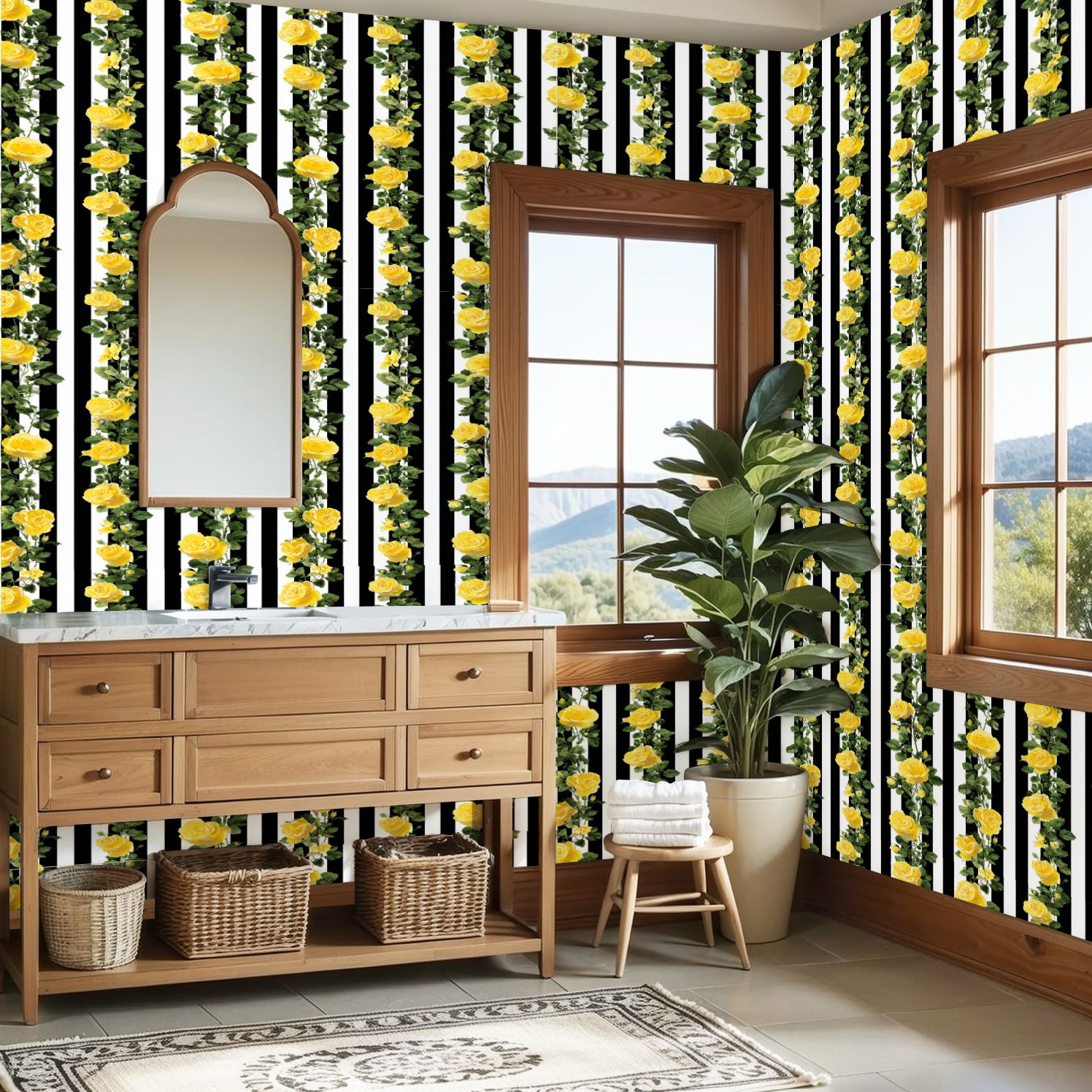 Flower Peel and Stick Wallpaper 23.6in x 9.8ft Yellow Roses Black White Striped Contact Paper Vinyl Waterproof Self Adhesive Wall Paper for Bedroom Shelf Cabinet Renter Friendly