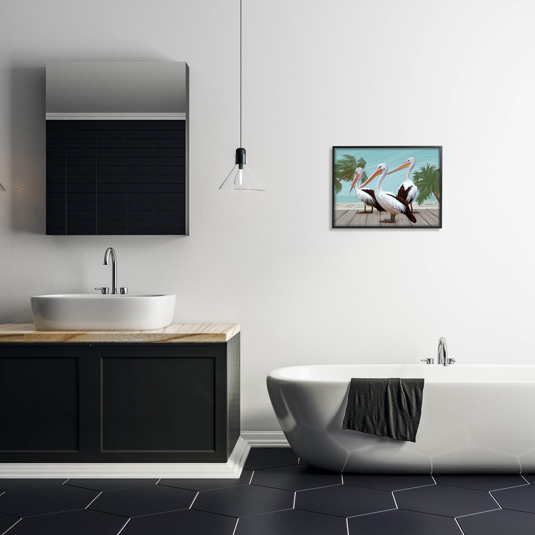 Stupell Industries Tropical Beach Pelicans Palms Graphic Art Black Framed Art Print Wall Art, Design by Ziwei Li