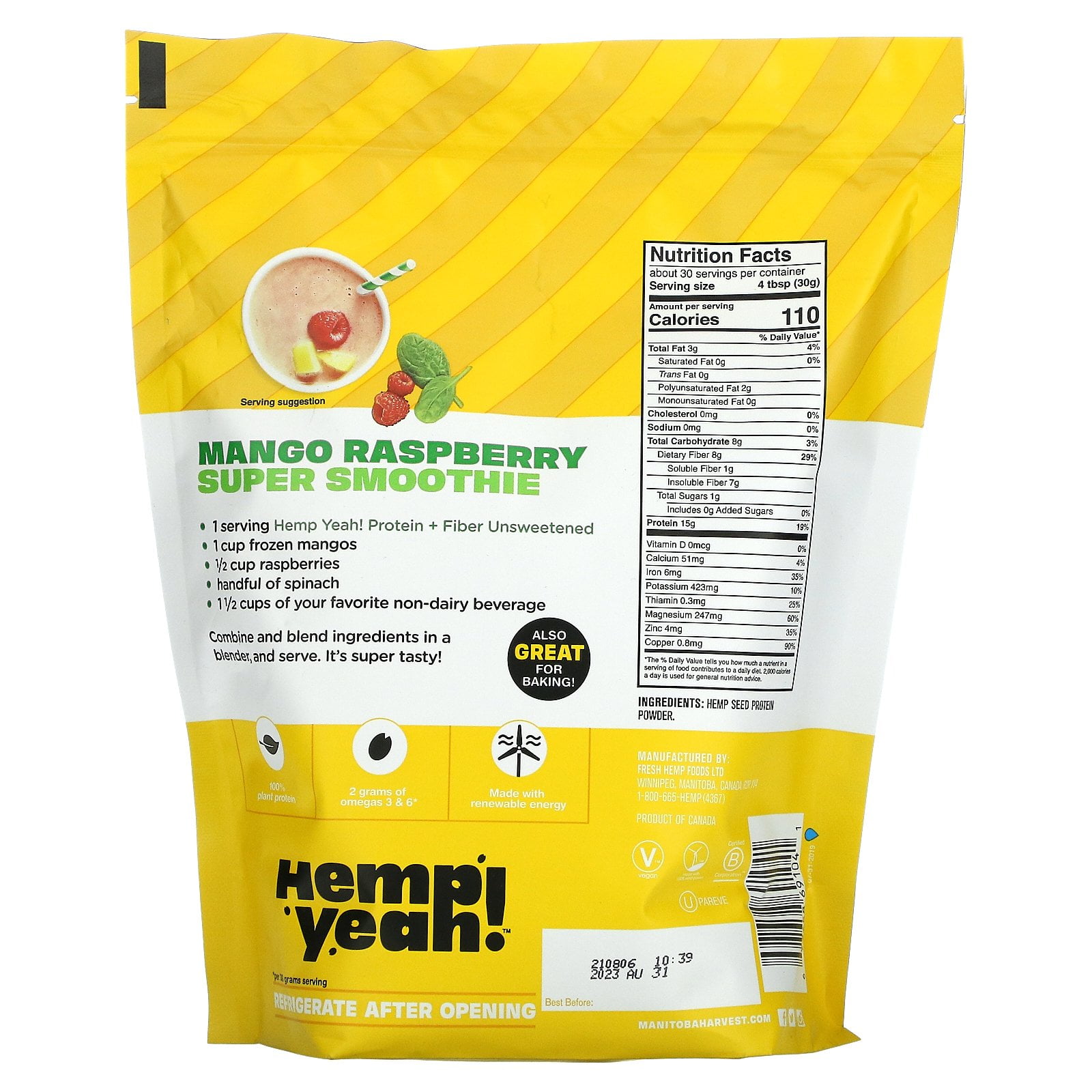 Manitoba Harvest Balanced Protein + Fiber Powder, Hemp Protein Powder, Unsweetened, 32 oz, 2 lb