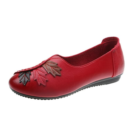 

ZAROYEAX Fashion Four Season Women Casual Shoes Flat Round Toe Patchwork Leather Solid Color Leaves Lightweight and Comfortable On